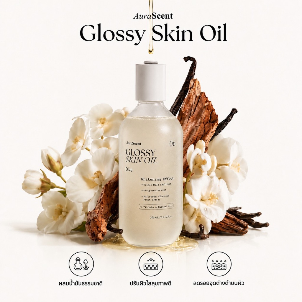 [ตะกร้าบริษัท] AURA SCENT GLOSSY SKIN OIL 200 ml น้ำมันบำรุงผิว ให้ความชุ่มชื้นและบำรุงผิว