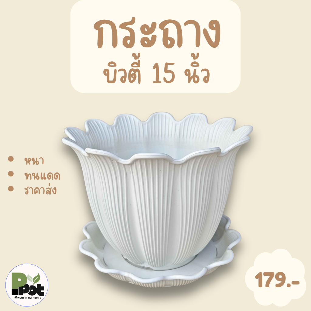กระถางต้นไม้ รุ่นบิวตี้ 15 นิ้ว + จานรอง มีสีให้เลือก สีขาว ดำ เทา อิฐ โอ๊ค ดีไซน์ทรงดอกไม้ สำหรับปลูกต้นไม้