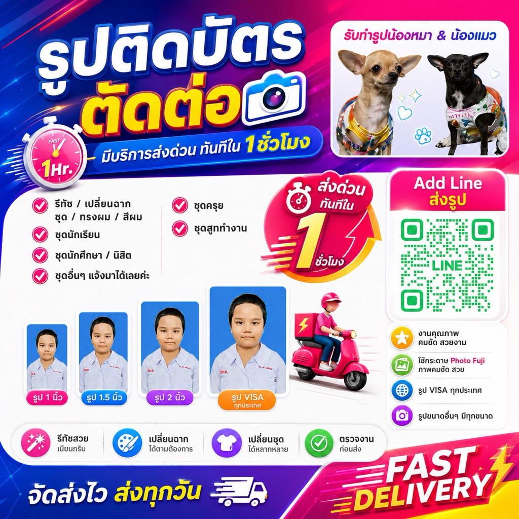 กรุงเทพส่งด่วนใน 1 ชม.รูปติดบัตร รูปวีซ่า รูปพาสปอร์ต สมัครงานสมัครเรียนใช้กระดาษโกดัก/ฟูจิเเบบด้าน