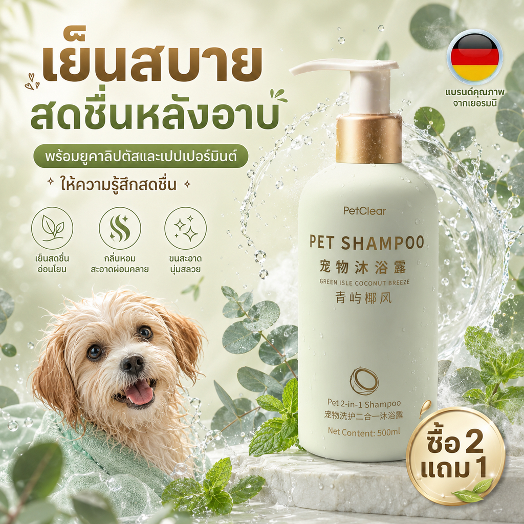 แชมพูสัตว์เลี้ยงสูตรอะมิโน PetClear 500ml ซื้อ 2 ฟรี 1 อ่อนโยน ขนนุ่มไม่แห้งกระด้าง