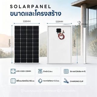 แผงโซล่าเซลล์ solar cell 12Vสำหรับชาร์จแบตเตอรี่ แผงโซร่าเซลล์ Solar panel Monocrystalline แผงโซล่า