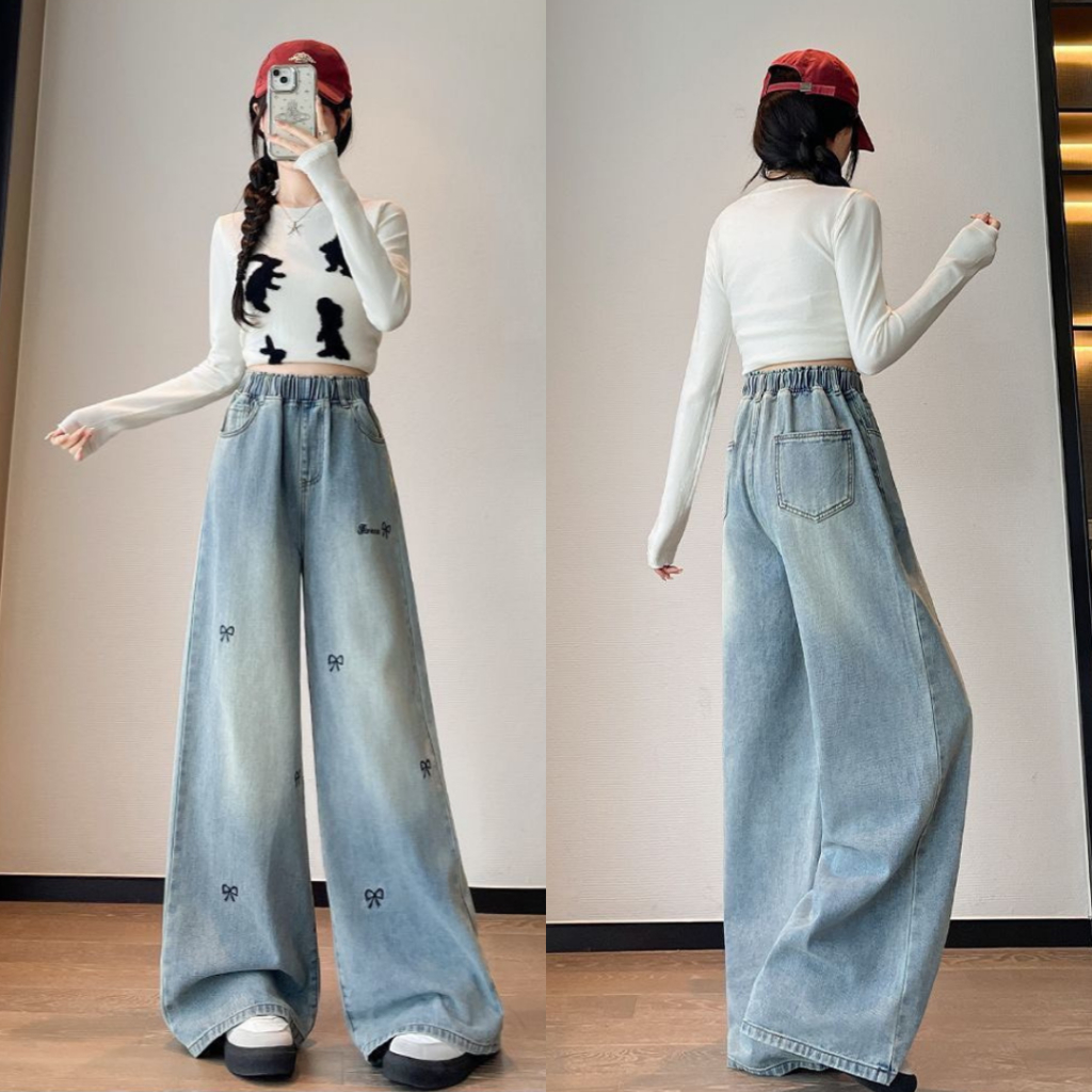 กางเกงยีนส์กระบอกกลางเอวสูง S-10XL ปักลายโบว์ผ้าไม่ยืด
