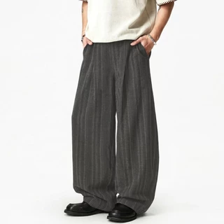 B&R วินเทจสไตล์อเมริกัน กางเกงลำลอง Casual pants การออกแบบลายเส้นแนวตั้ง หลวมสบาย แฟชั่นแมทช์ง่าย
