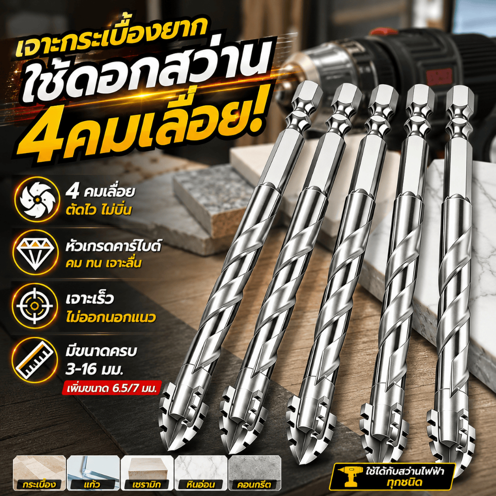 ดอกสว่าน ชุด12pcsแข็งแรง2เท่า ดอกสว่านคาร์ไบด์ ดอกสว่านเจาะเหล็ก ดอกเจาะปูน ดอกเจาะกระจก เจาะกระเบื้อง ดอกเจาะเหล็ก
