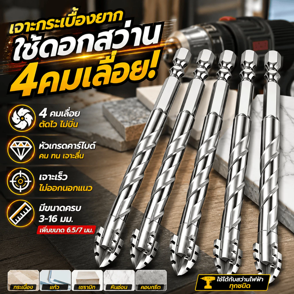 ดอกสว่าน ชุด12pcsแข็งแรง2เท่า ดอกสว่านคาร์ไบด์ ดอกสว่านเจาะเหล็ก ดอกเจาะปูน ดอกเจาะกระจก เจาะกระเบื้อง ดอกเจาะเหล็ก