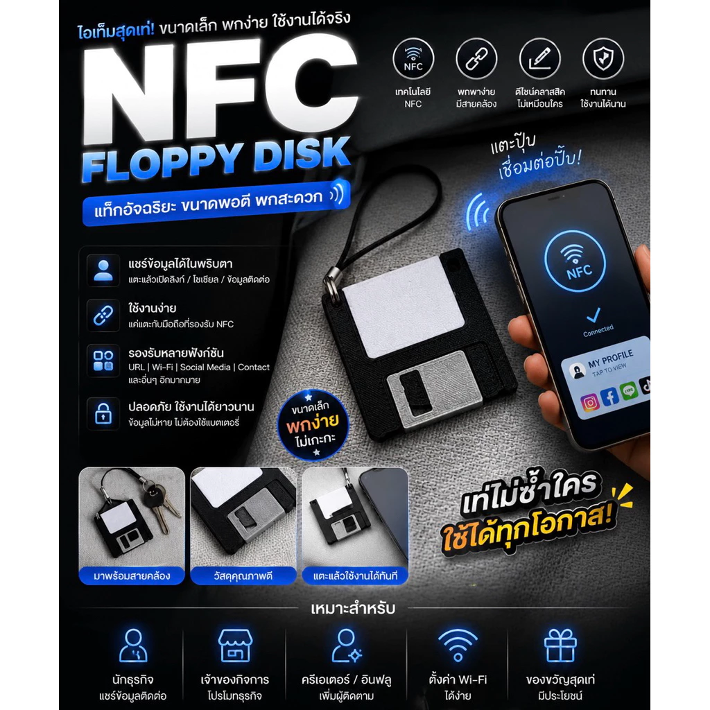 พวงกุญแจใบโคลเวอร์ 3D NFC โซเชียลมีเดีย แตะกับโทรศัพท์ได้ (ทางร้านรับเขียนข้อมูล) สายมู ของขวัญปัจฉิม