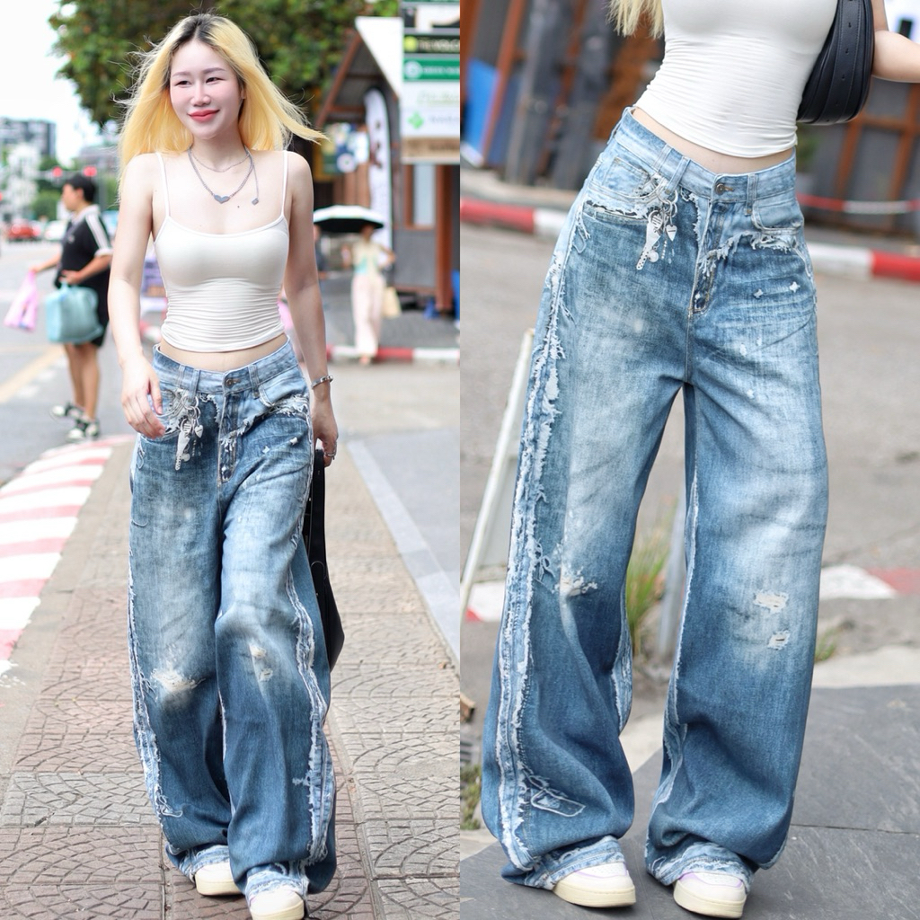 Thanktuagan ยีนส์ทรงบาเรล ฟอกลายแต่งขาด ผ้ายีนส์นุ่มไม่ยืดสวยตรงปก