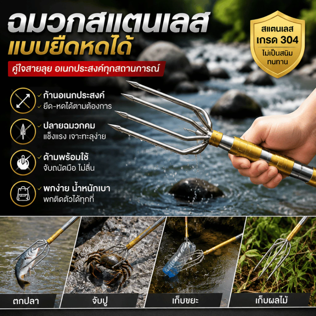 ฉมวกสแตนเลสแบบใหม่ ขนาดใหญ่ มีหนามแหลม 8 มม. หัวฉมวกแบบโบราณ ปลายแหลมแบบเสียบแถว