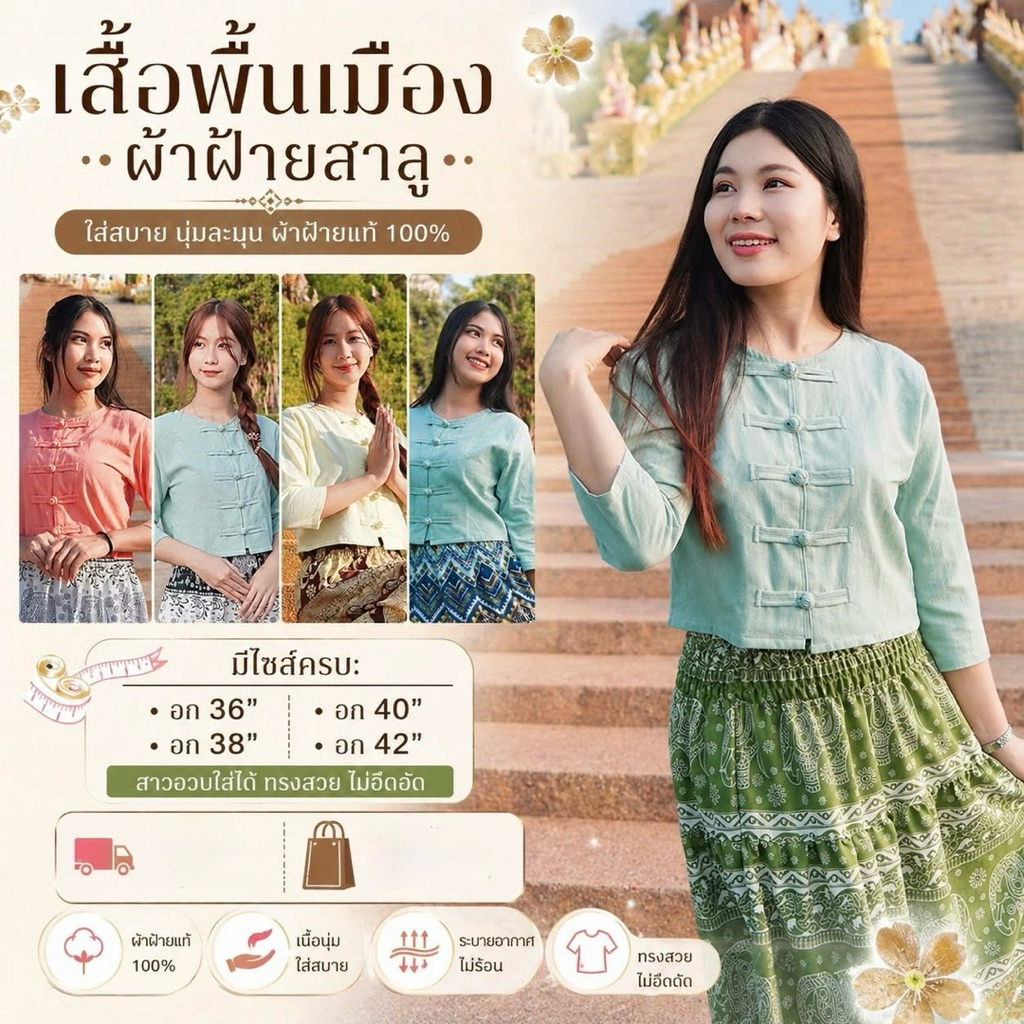 เสื้อผ้าฝ้าย พื้นเมือง น่ารักสุดๆ เสื้อตัวไม่ยาวมาก มีไซส์ให้ สาวเล็ก สาวอวบ