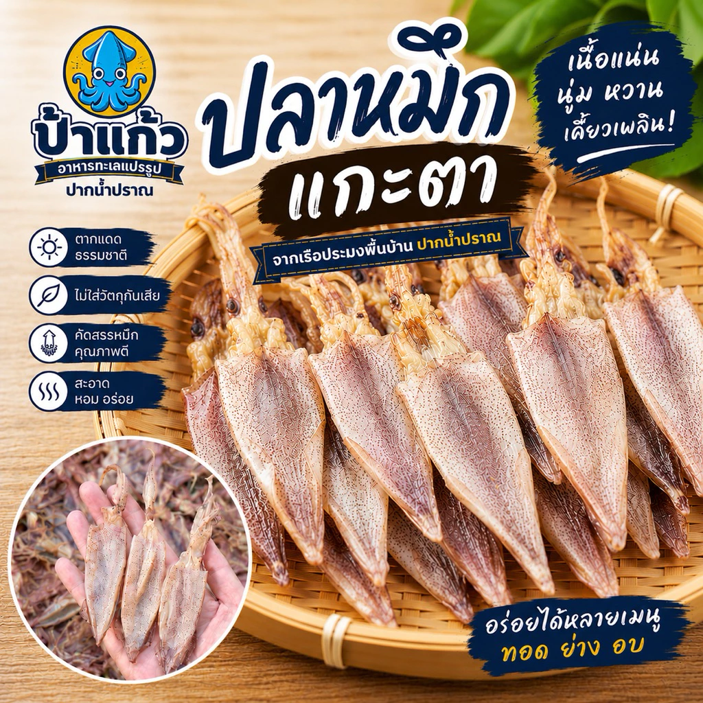 ปลาหมึกแกะตา เนื้อหนานุ่ม ไม่ขม ไม่เค็ม ตากแดดธรรมชาติ จากปากน้ำปราณ