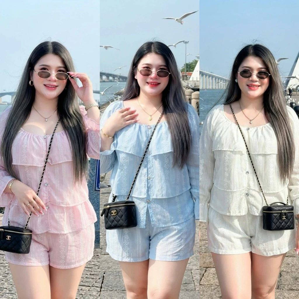 ชุดเซ็ทผ้าโรซี่ผ้าปักดอกไม้ เสื้อดีเทลระบาย พรางหุ่นปิดพุงสำหรับสาวอวบอ้วน เนื้อผ้านิ่ม กางเกงมีซับใน