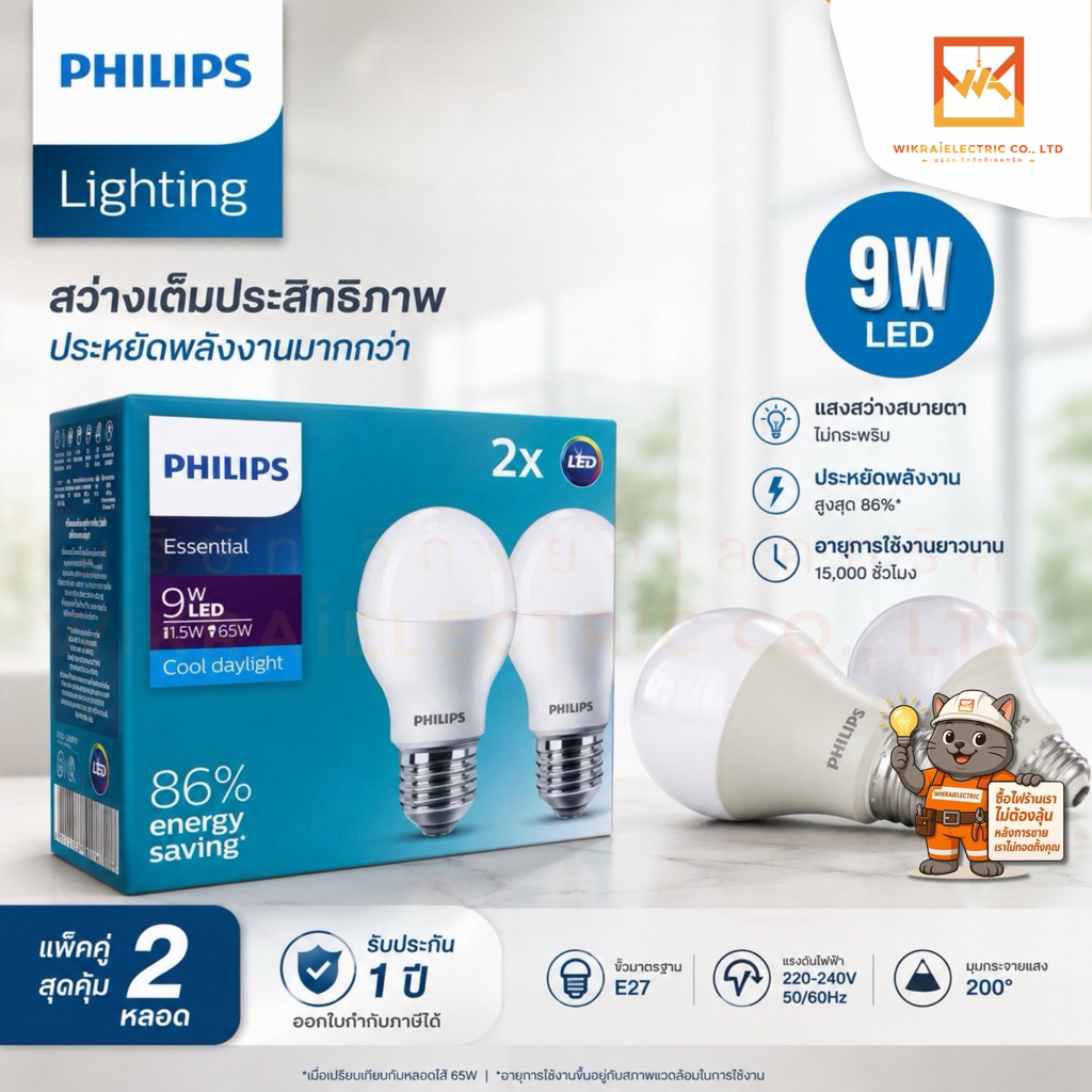 PHILIPS หลอดไฟ LED Bulb 9W รุ่น Essential แพ็คคู่ (ราคารวม 2 หลอด)