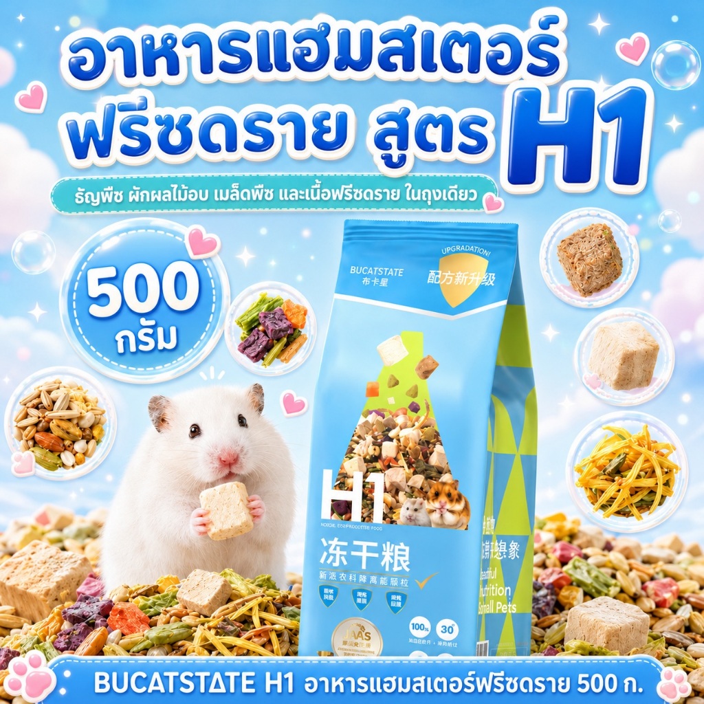 BUCATSTATE H1 อาหารแฮมสเตอร์ อาหารหนูแฮมสเตอร์ 500g สูตรฟรีซดราย ธัญพืช ผักผลไม้ หลายสูตร ร้านไทย ส่