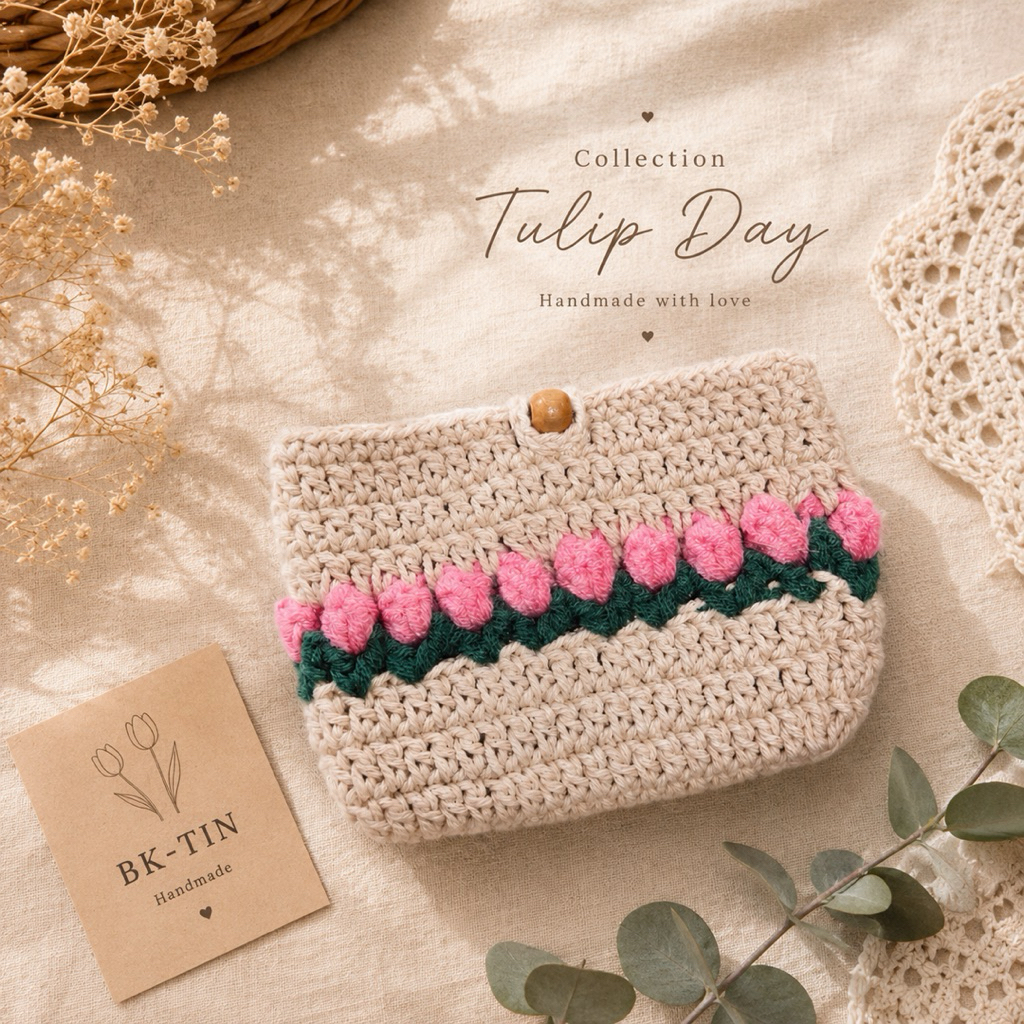 กระเป๋าถักโครเชต์ลายดอกทิวลิป •BK-TIN HANDMADE• Tulip Day Collection