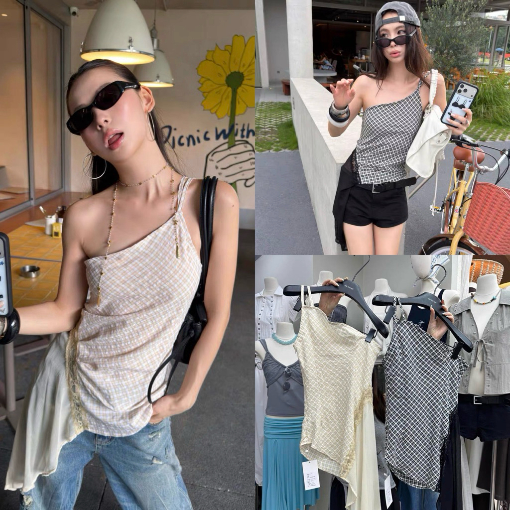 ส่งด่วน 🛵 26C279 เสื้อไหล่เดี่ยว ลายตาราง แต่งชายด้านข้าง ดีไซน์เก๋ที่ช่วยเสริมให้รูปร่างให้ดูสับ mmfish