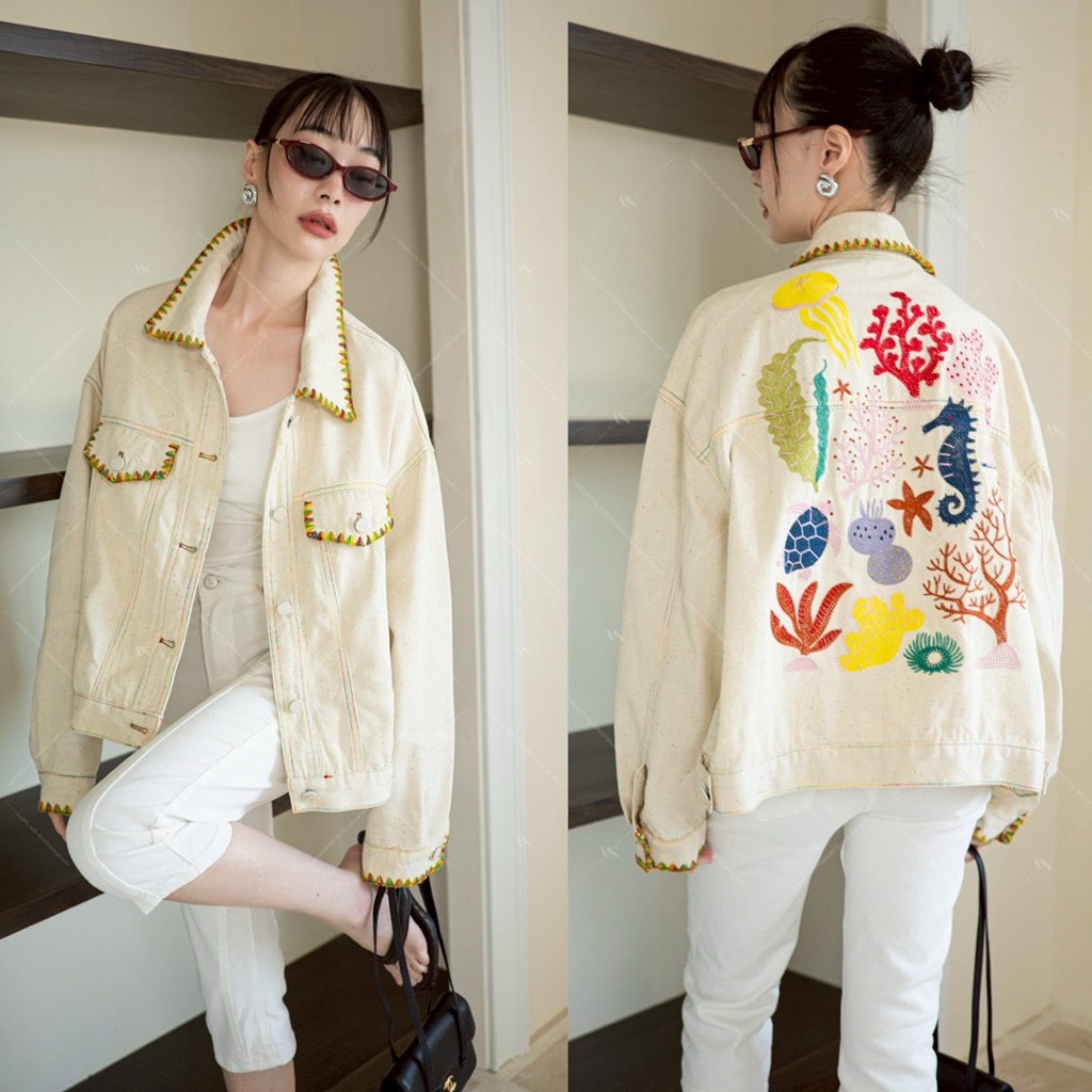 9190-7 แจ็คเก็ตเดนิมขลิบขอบสลับสีตีเกล็ดหน้า ปักหลัง Vshop
