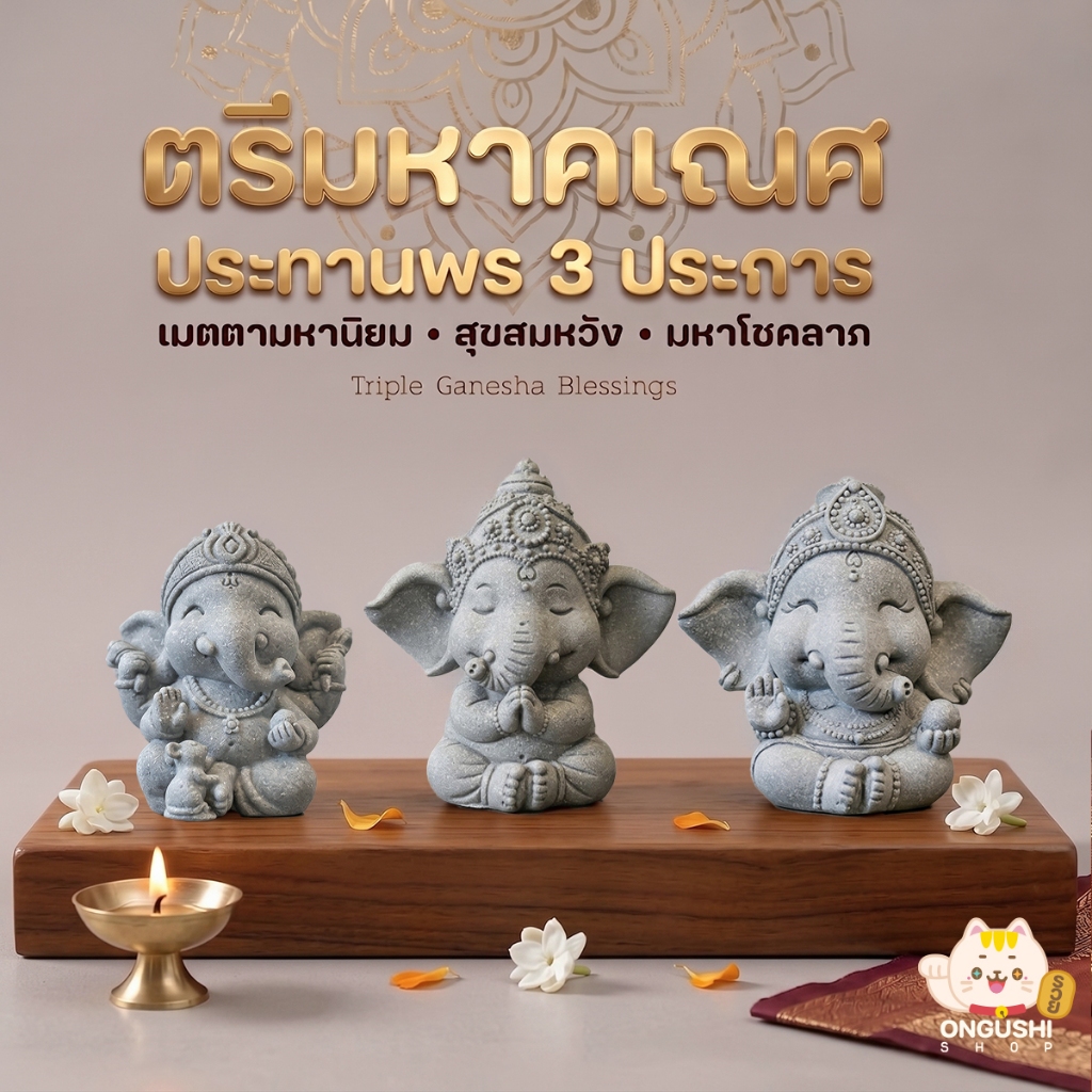 พร้อมส่งจากร้านคนไทย รูปปั้นหิน Baby Ganesha ตรีมหาคเณศ พระพิฆเนศประทานพร 3 ประการ