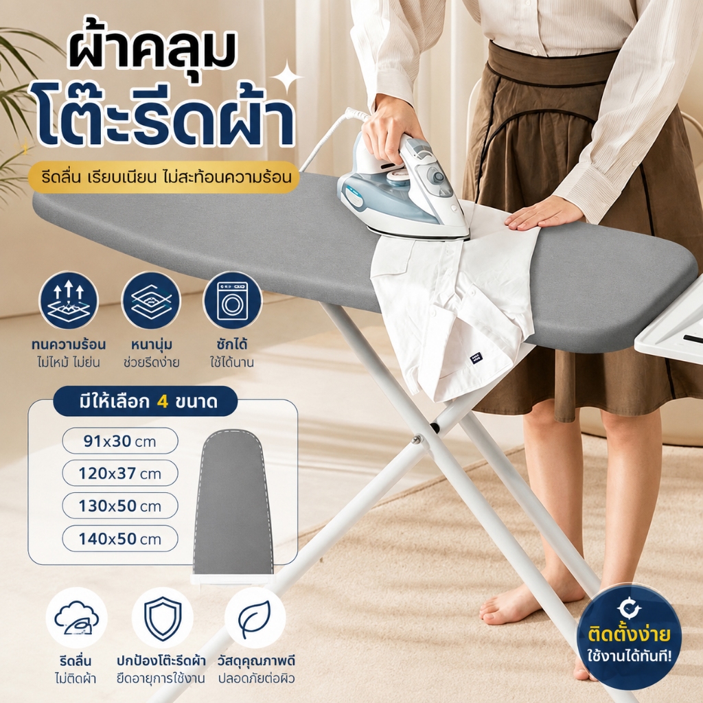 HH ผ้ารองรีดสะท้อนความร้อน ผ้าคลุมโต๊ะรีดผ้า ผ้าคลุมโต๊ะรีดผ้า ฟองน้ำหนา ขอบยางยืด กันความร้อน รีดลื่น อะไหล่โต๊ะรีด