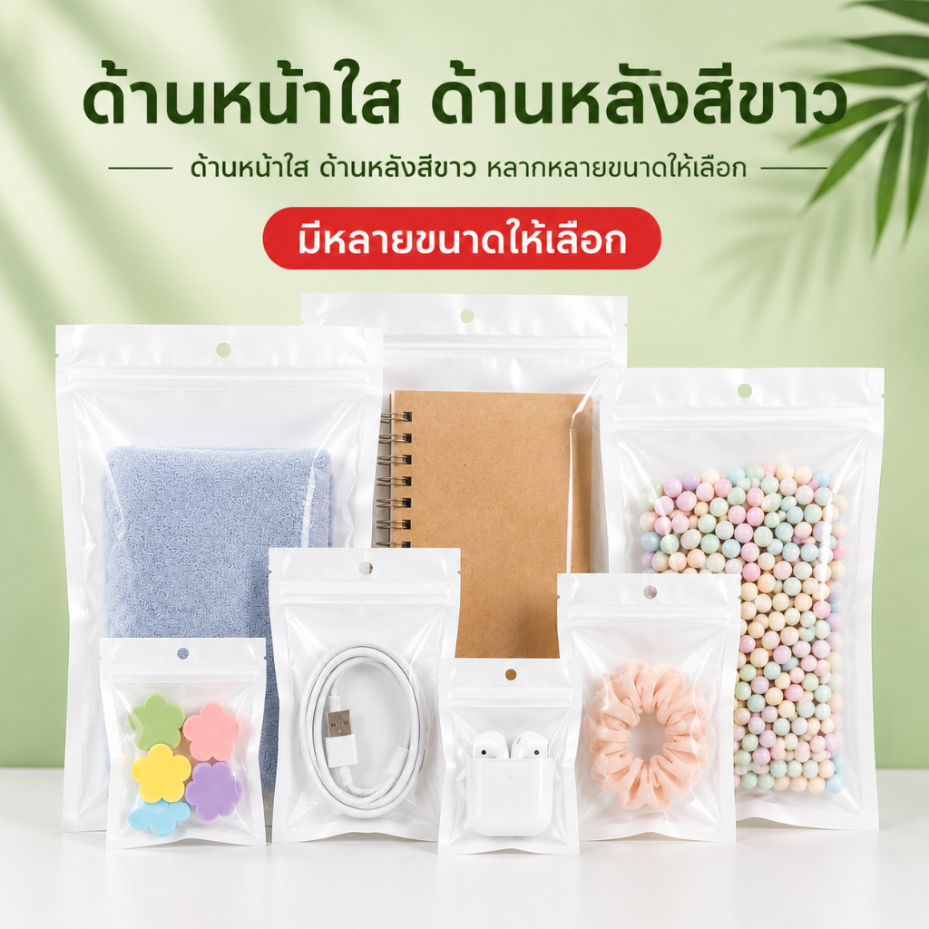 ถุงซิปใสหลังขาว แพ็กละ 100 ใบ ซิปเปิดปิดง่าย มีรูแขวน เหมาะสำหรับแพ็กสินค้าและจัดเก็บของ
