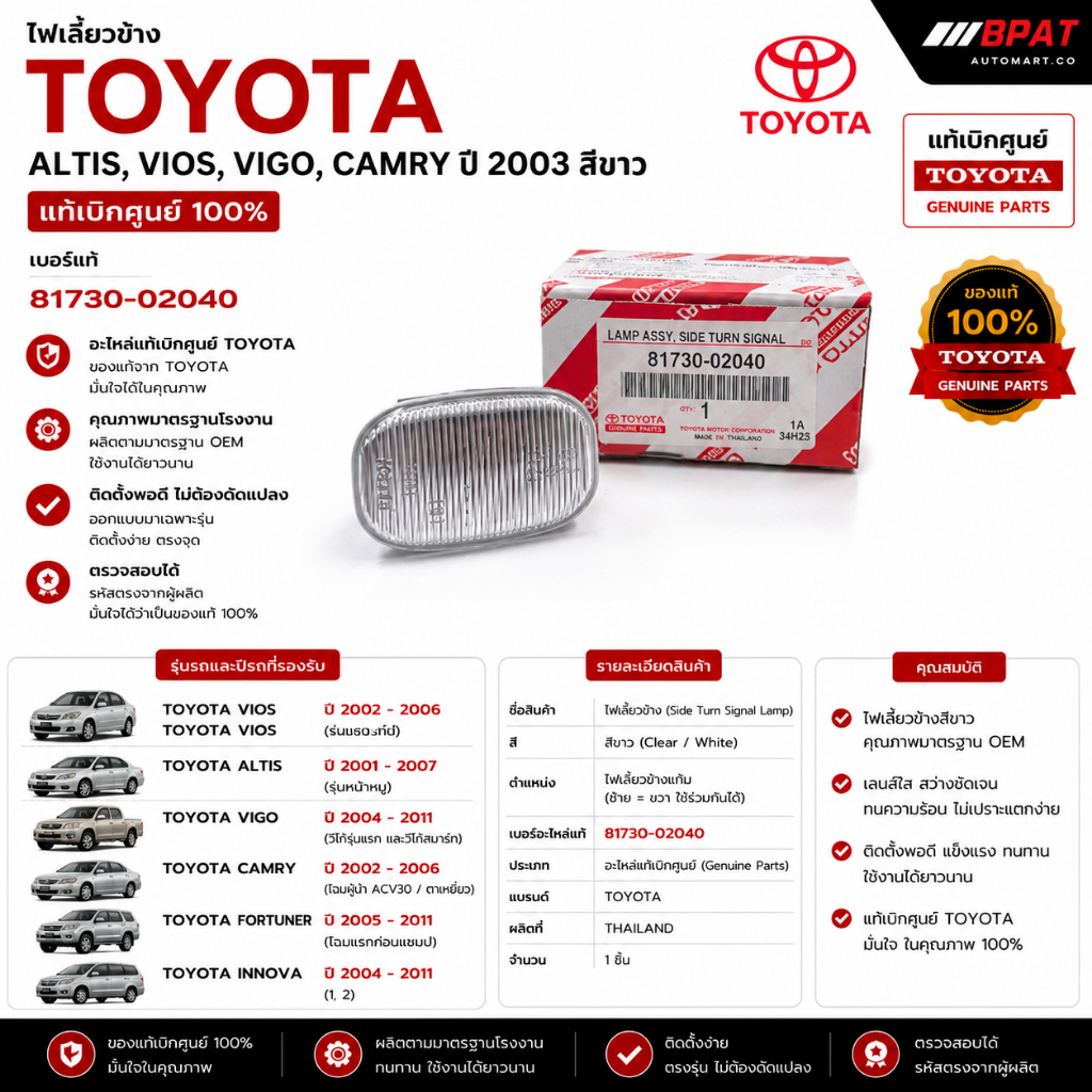 ไฟเลี้ยวข้าง TOYOTA ALTIS, VIOS, VIGO, CAMRY ปี 2003 สีขาว No. 81730-02040 [แท้เบิกศูนย์]