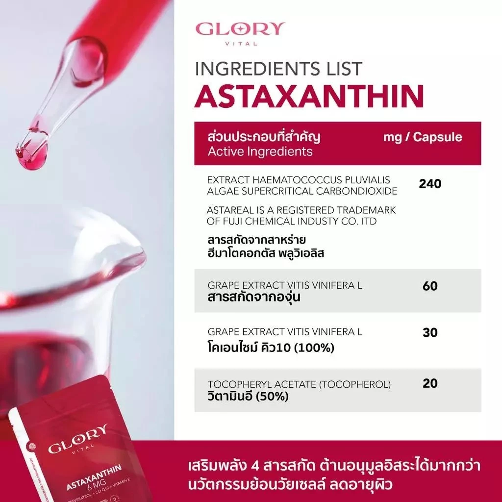 Glory Astaxanthin 6 mg + Grape Skin Extract + Co Q10 + Vit E แอสต้าแซนธิน ผิวละเอียด รูขุมขนกระชับ ริ้วรอยจางลง thumbnail 9