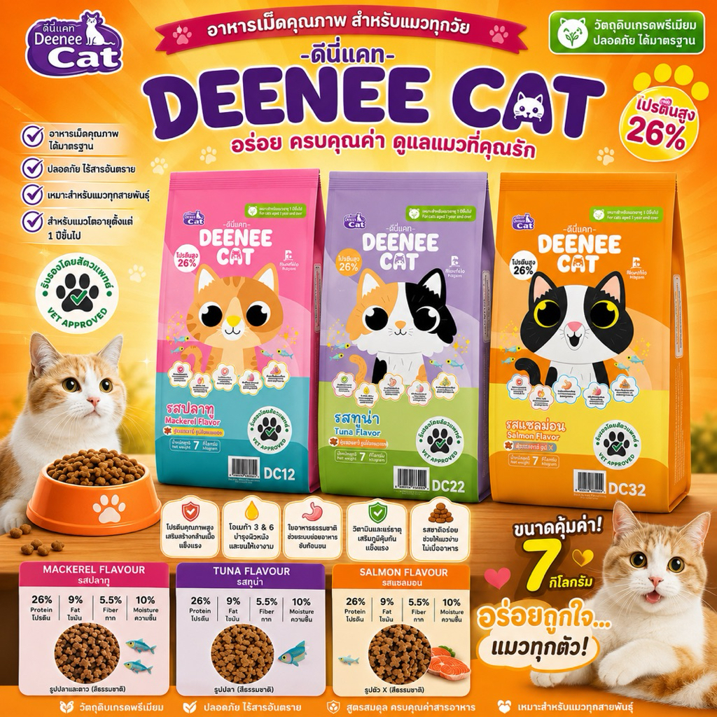 Deennee Cat อาหารแมว ดีนี่แคท 7Kg โปร 26% เม็ดสีธรรมชาติ ไม่เติมเกลือ รสปลาแซลมอน รสปลาทูน่า รสปลาแซลมอน