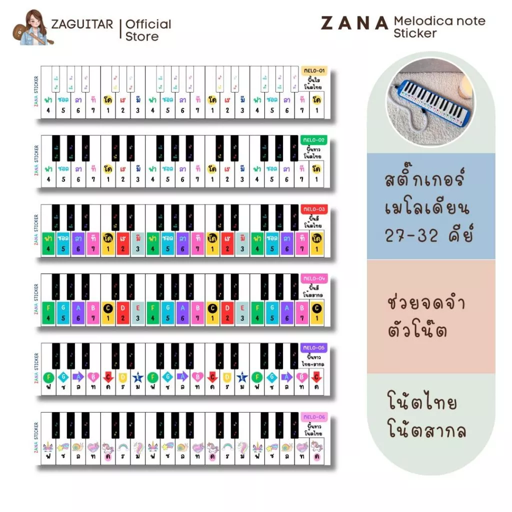 สติ๊กเกอร์เมโลเดียน ZANA Melodian Melodica Sticker ขนาด 27 / 32 คีย์