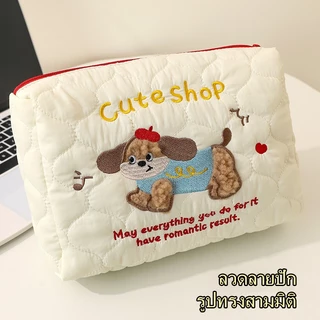 กระเป๋าเก็บเครื่องสำอางค์ มีเชือกรูด ลายปักการ์ตูนน่ารัก แบบพกพา ความจุสูง