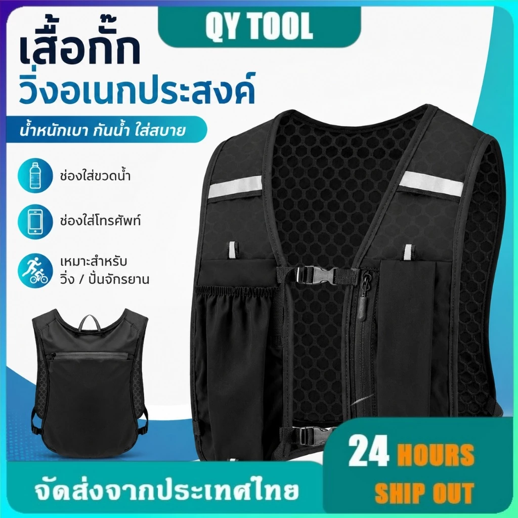 เสื้อกั๊กวิ่งกันน้ำ ไนลอนน้ำหนักเบา สะท้อนแสง พร้อมช่องใส่ขวดน้ำและโทรศัพท์