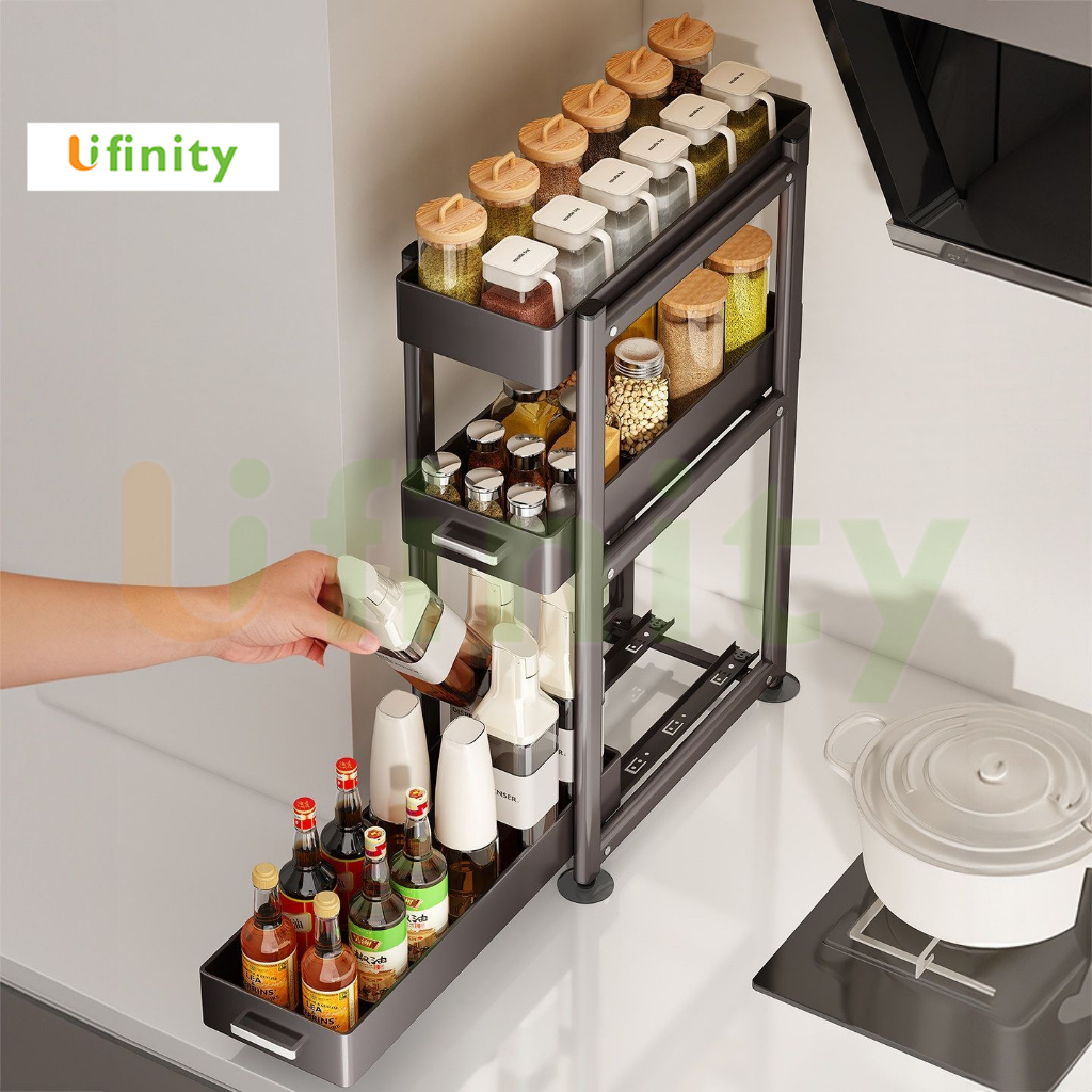 lifinity ชั้นวางเครื่องครัว วางเครื่องปรุง ที่วางขวด 2/3 ชั้น ตะแกรงสไลเดอร์แบบดึงออกง่าย สำหรับวางในช่