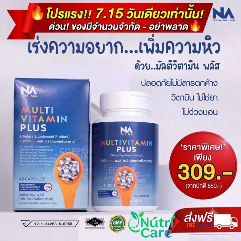 วิตามินเสริมน้ำหนัก NA THE NA Multivitamin Plus สำหรับคนหิว อาหารน้อย เนื้ออาหาร ช่วยเพิ่มน้ำหนัก สำหรับคนผอม 45 แคปซูล
