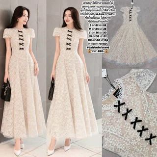 S-XXL ชุดเดรสลูกไม้สีขาว,ครีม,ดำ แต่งระบาย คอเหลี่ยม,คอปก ใส่ทำบุญ งานบวช งานบุญ งานแต่ง