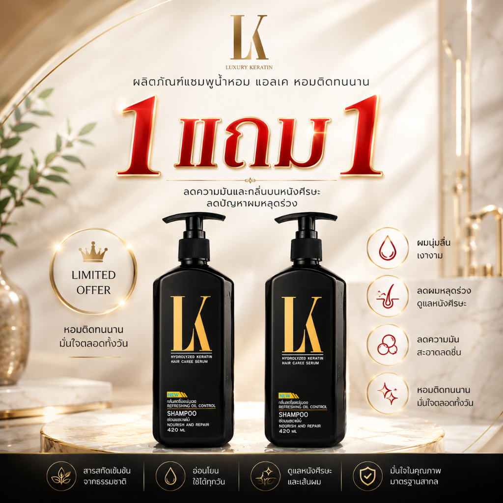 LK แชมพูลดผมร่วงบำรุงเส้นผมแข็งแรง 420ml ควบคุมความมันและกลิ่นหนังศีรษะ ผมนุ่มเงางาม 1แถม1