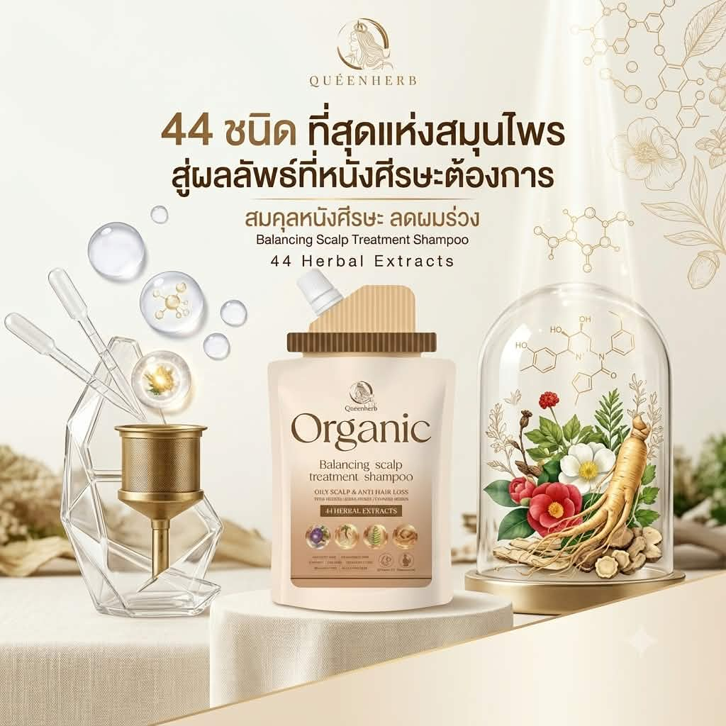 Queenherb ควีนเฮิร์บ ออร์แกนิก ปลูกผมดกดำเงางาม ขจัดรังแค กระตุ้นการงอกของเส้นผม ลดผมร่วง Herbal Shampoo แชมพูสมุนไพร