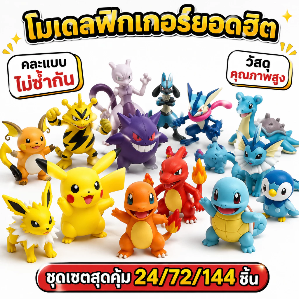 โมเดลฟิกเกอร์โปเกม่อน 24/72/144ชิ้น ขนาด2-3ซม. ปิกาจู Charizard Gengar Eevee ของขวัญเด็ก พร้อมส่ง