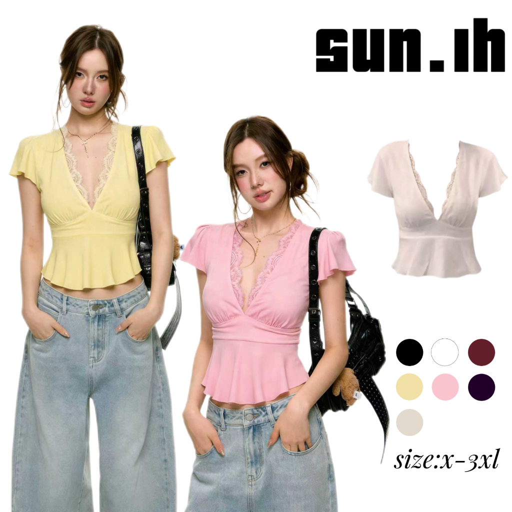 SUN🛍️พร้อมส่ง🛍️เสื้อครอปคอวีลึก แขนระบาย ผูกเอว สไตล์ใหม่รับซัมเมอร์ 2026 บริสุทธิ์และเย้ายวน