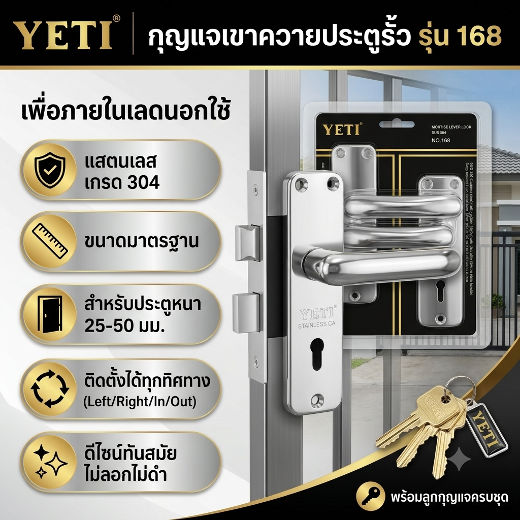 กุญแจเขาควาย Yeti ติดตั้งประตูรั้วบ้าน มือจับเขาควาย No.168  กุญแจล๊อครั่ว กุญแจประตูรั่ว By metro_o