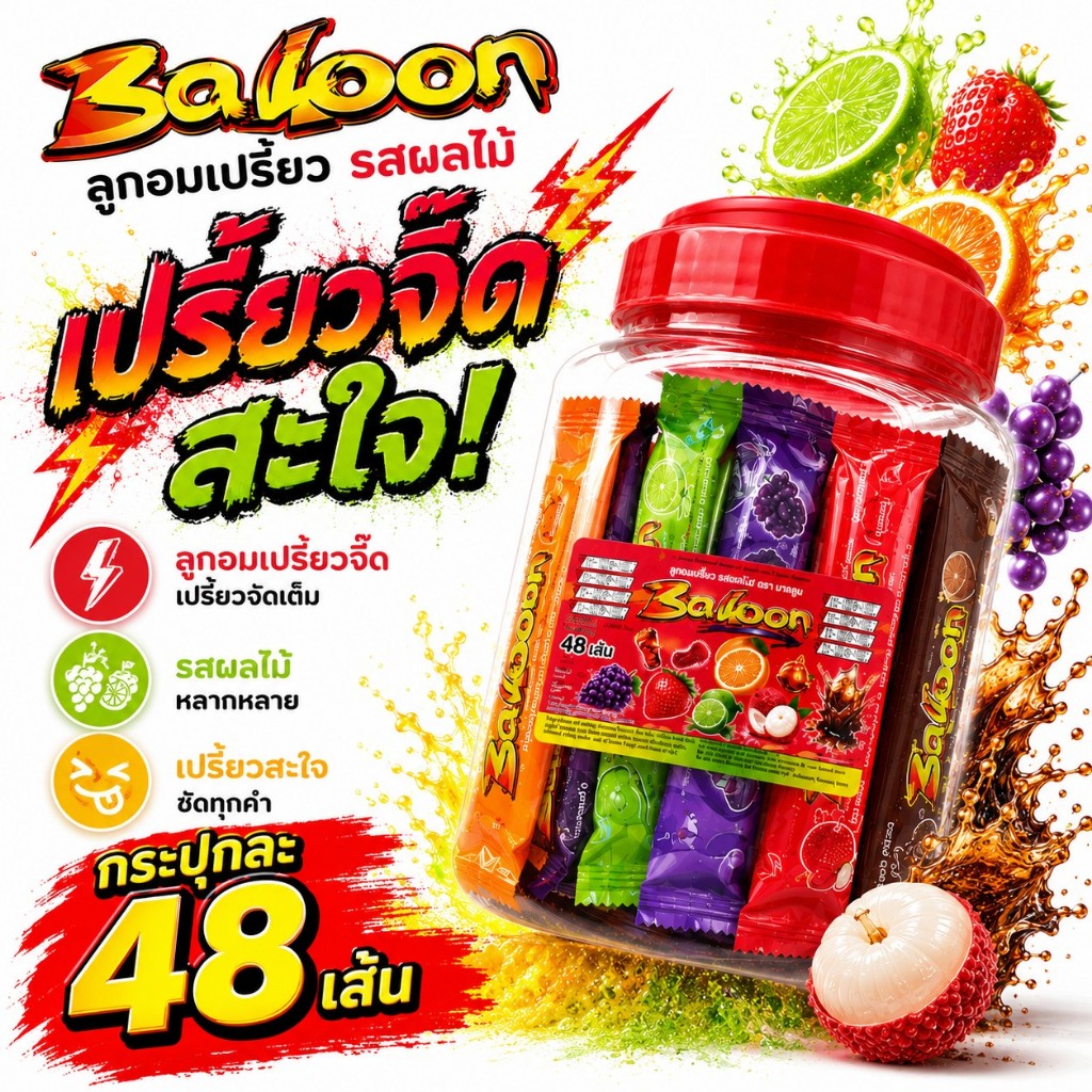 (1 กระปุก) Balloon ลูกอมเปรี้ยว รสผลไม้ รสส้ม สตรอ มะนาว ลิ้