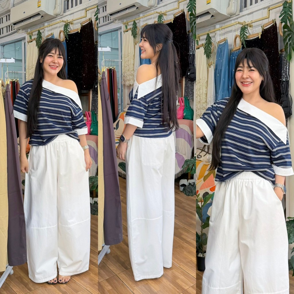 5-623SS เสื้อลายริ้วกรมปกขาวไหล่เฉียง
