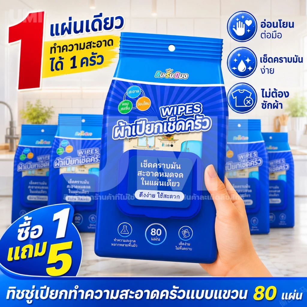 [ซื้อ 1 แถม 5] แผ่นทำความสะอาดครัว 80แผ่น ขจัดคราบมัน เช็ดเตา เช็ดครัว ทิชชู่เปียกห้องครัว ผ้าเช็ดทำความสะอาดทั่วไป