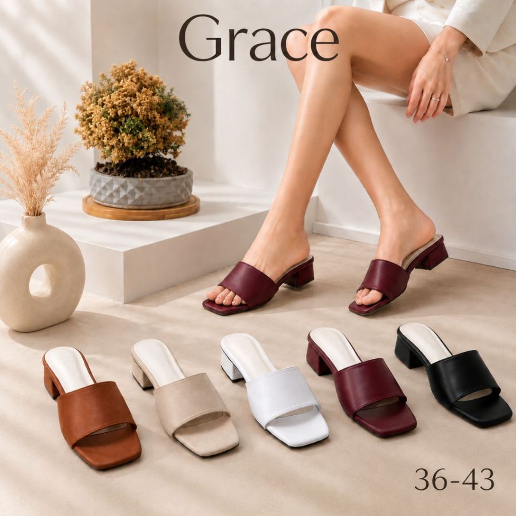 GRACE รุ่นคาดนิ่ม(พรี่เมี่ยม) รองเท้าแฟชั่นส้นสูง 1.25 นิ้ว  ไซส์ 36-43 หนังนิ่มมาก สีแดง สีน้ำตาล