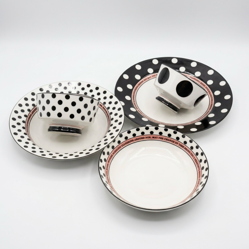 ชุดจานชามลาย polkadot เซรามิกสามารถเข้าไมโครเวฟและเครื่องล้างจานได้