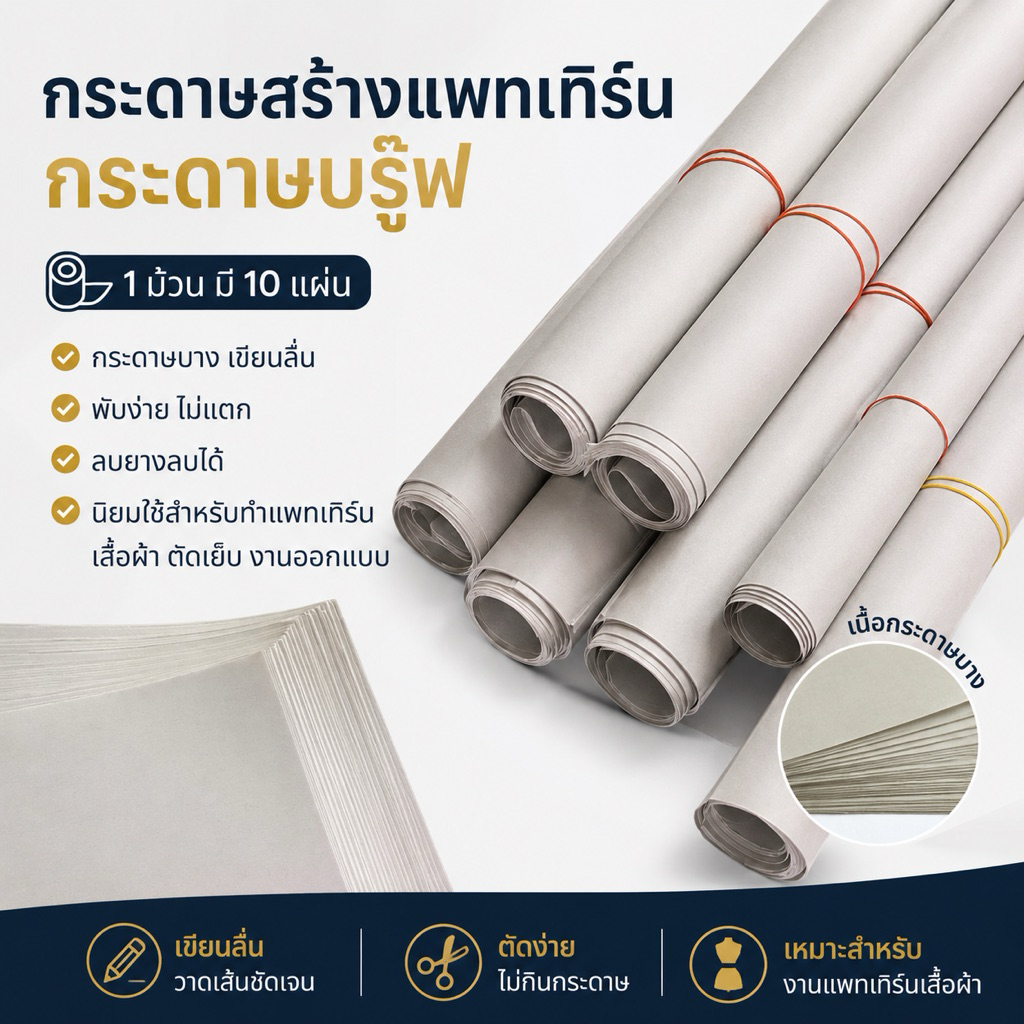 กระดาษสร้างแพทเทิร์น กระดาษบรู๊ฟ แบบบาง 1 ม้วน 10 แผ่น ขนาดมาตรฐาน สำหรับงานตัดเย็บ เสื้อผ้า วาดแบบ [Pattern Paper]