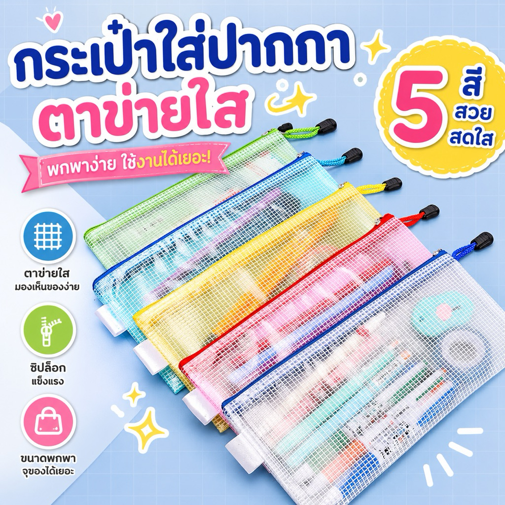 กระเป๋าดินสอซิปตาข่ายใส PVC หนา กันน้ำ ขนาด A6 ใส่ไม้บรรทัด 20 ซม.
