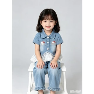 BB357 ชุดเดนิมสีฟ้าเด็กผู้หญิง เสื้อสั้นแขนลูกไม้+กางเกงขากว้าง ชุดของขวัญวันแม่ สำหรับเด็กเล็ก-โต ผ้านุ่มใส่สบายฺฺ