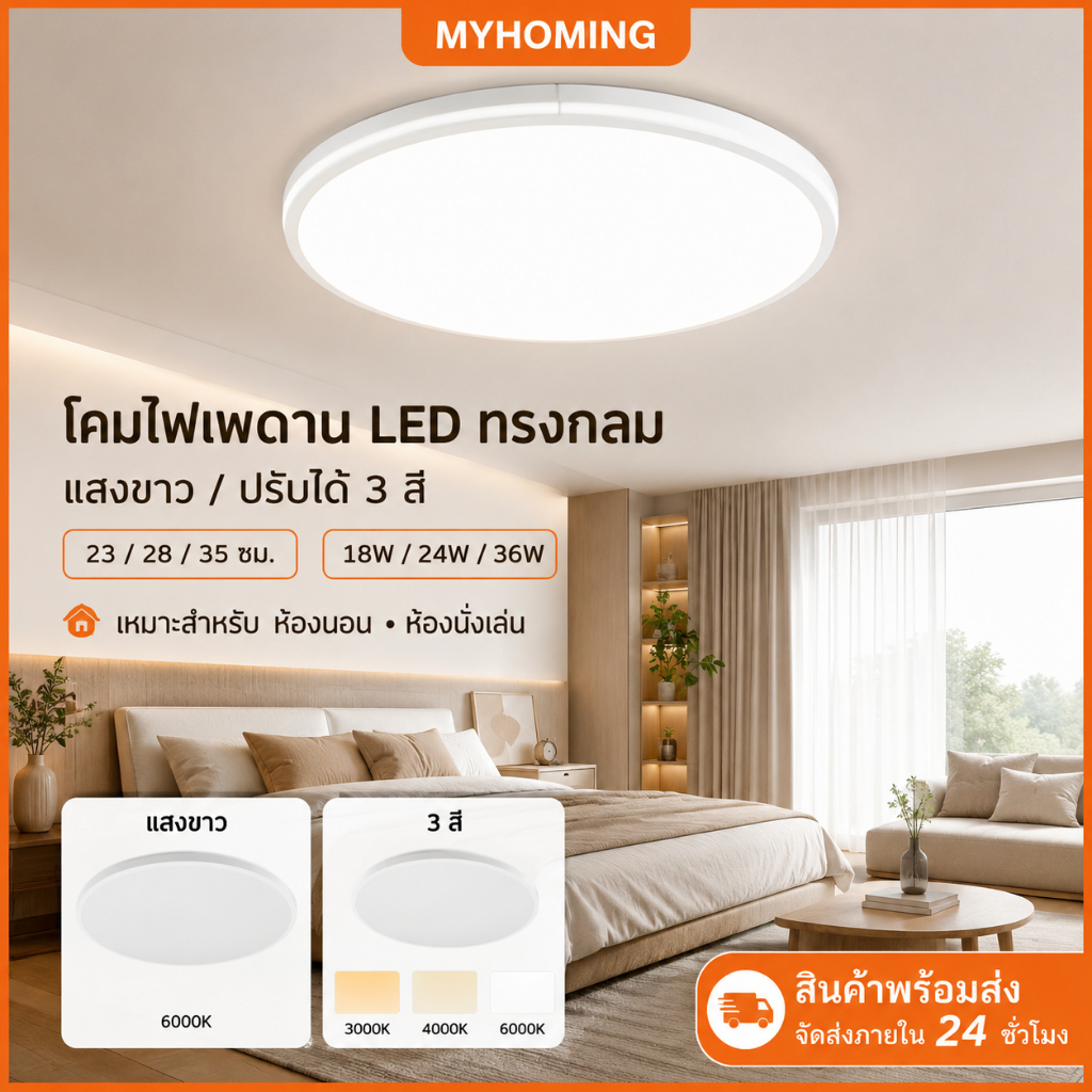 โคมไฟเพดาน LED ทรงกลม-สี่เหลี่ยม เรียบง่าย ปรับ 3 สี มีรีโมท ใช้ห้องนอน ห้องนั่งเล่น