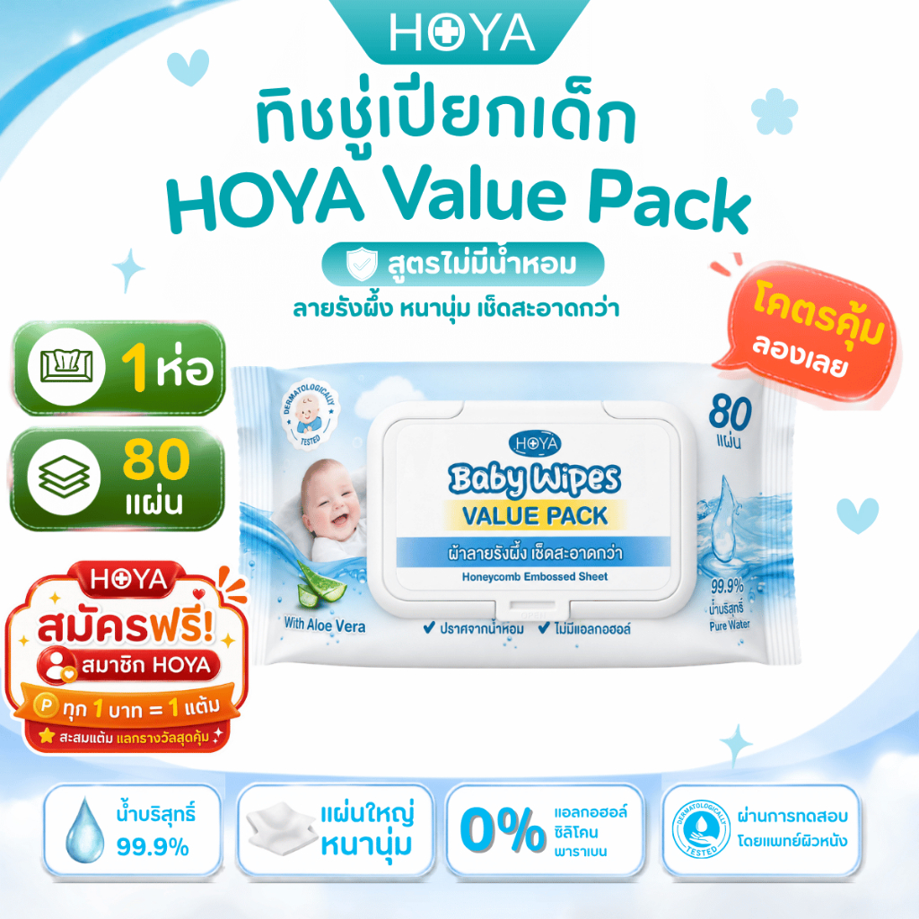 HOYA Baby Wipes Value Pack 80 แผ่น | ทิชชู่เปียกเด็ก สูตรน้ำบริสุทธิ์ 99.9% | ไม่มีแอลกอฮอล์ ไม่มีน้