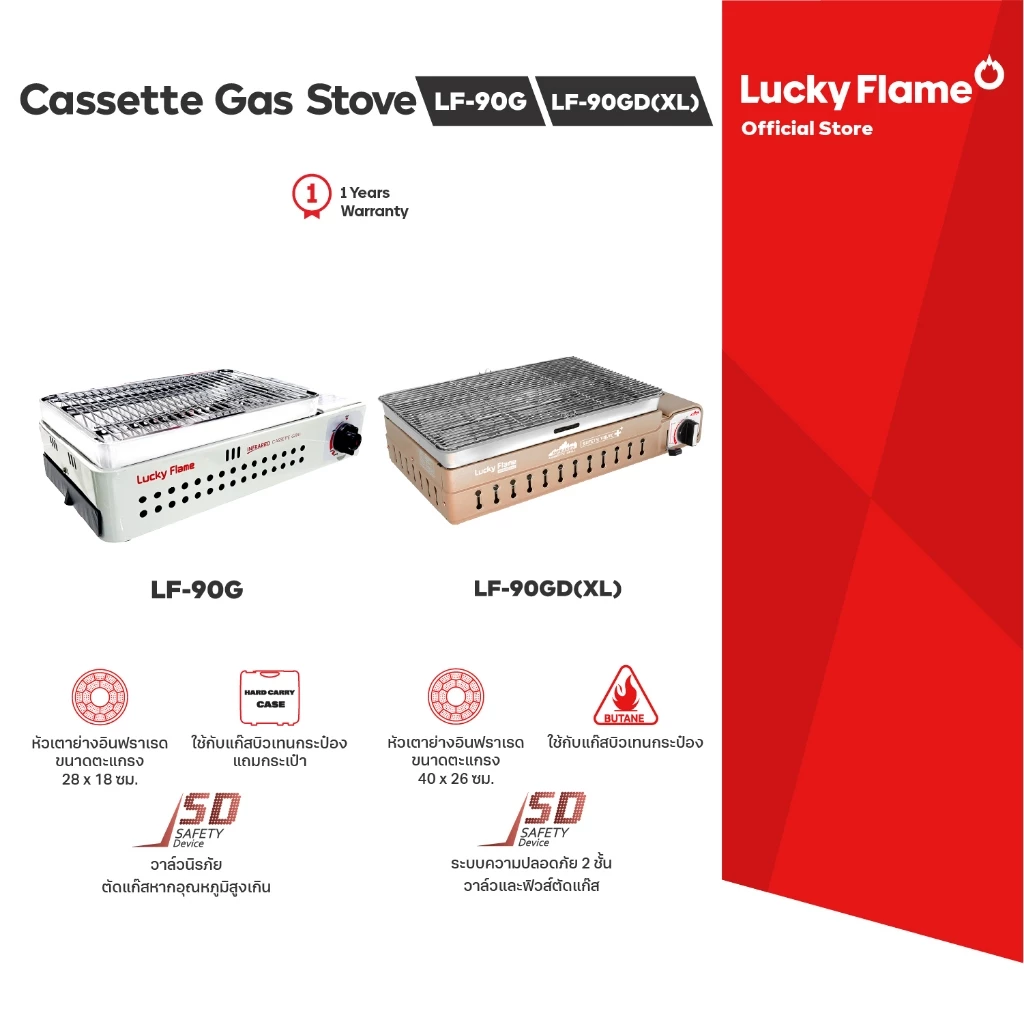 Lucky Flame เตาแก๊สย่างปิคนิก รุ่น LF-90G , LF-90GD(XL) เตาย่าง (สำหรับแก๊สกระป๋อง)