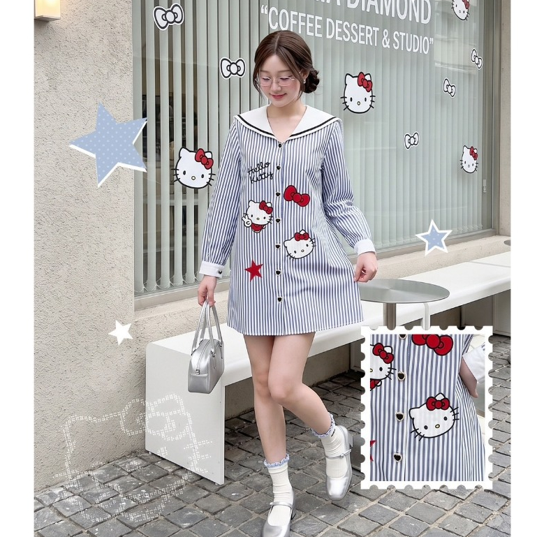 (มี3XL) Maria Diamond สีเทา Silver Spin Dress เดรสทรงปล่อยผ้าคอตตอนเชิ้ต งานปักคิตตี้ กระดุมหน้า ปกกะลาสี มีซับใน