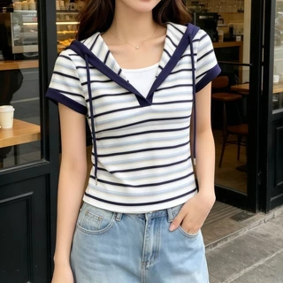 เสื้อฮู้ดแขนสั้นผู้หญิงลายทางสีสันสดใส สไตล์ใหม่ฤดูร้อนปี 2026 ลำลองและใช้งานได้หลากหลาย